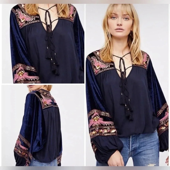 Free People Tops - Free People Hearts Aflame Top Velvet Puffy Sleeve Gold Women’s Boho Size Medium